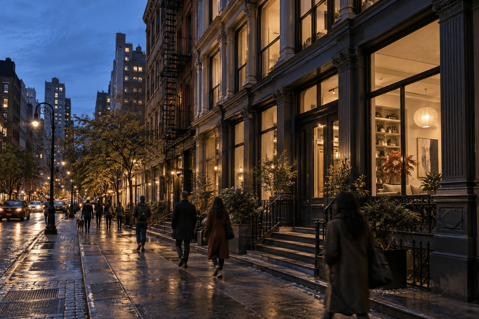 A residential New York street with historic architecture at blue hour